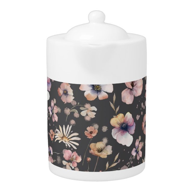 Moody Boho Watercolor Blush Wildflowers Pattern  Teapot (Front)