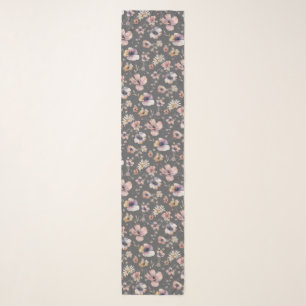 Moody Boho Wildflower Grey Pink Chiffon Scarf