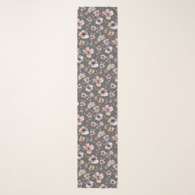 Moody Boho Wildflower Grey Pink Chiffon  Scarf (Front)