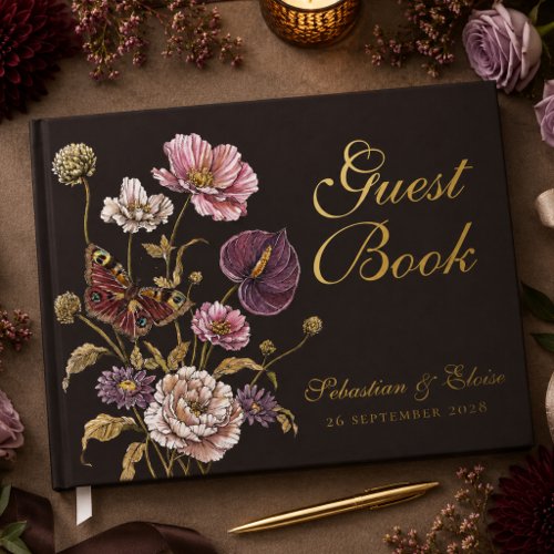 Moody Botanical Butterfly Floral Wedding Foil Guest Book