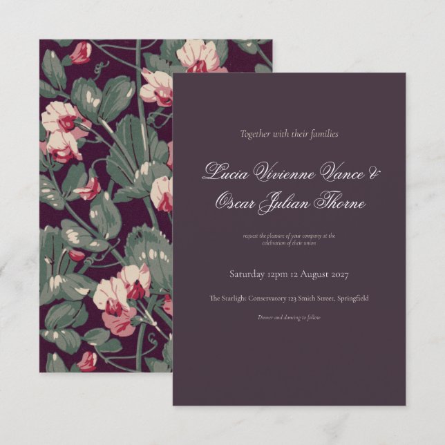 Moody Botanical & Deep Plum Wedding Invitation (Front/Back)