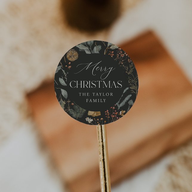Moody Botanical Personalized Holiday Classic Round Sticker (Creator Uploaded)