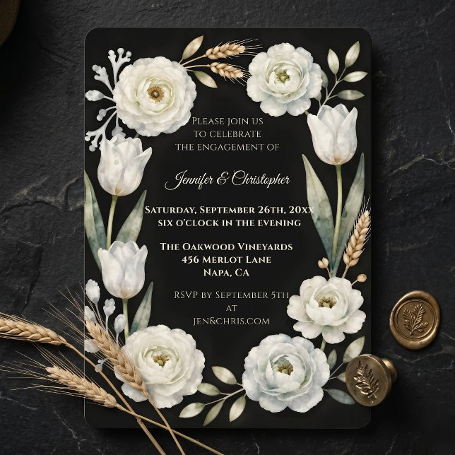 Moody Botanical White Black Engagement Party Invitation (Creator Uploaded)