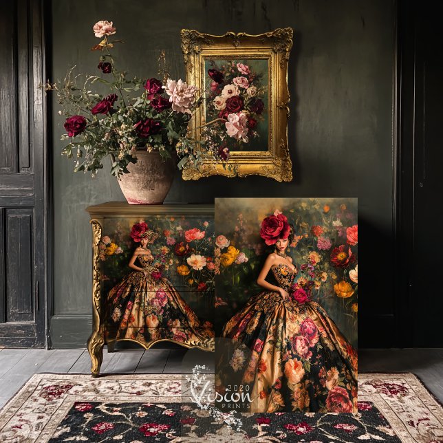 Moody Bouffant Brocade Elegant Lady & Floral  Tissue Paper (Baroque Moody Bouffant Brocade Elegant Lady & Vintage Floral Portrait Art Decoupage Tissue Paper)