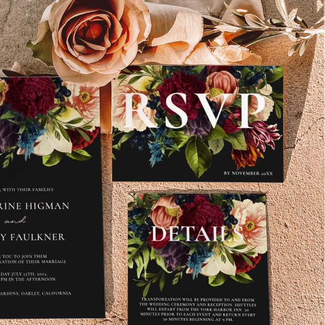 Moody Burgundy and Black Winter Floral Wedding RSVP Card (Creator Uploaded)