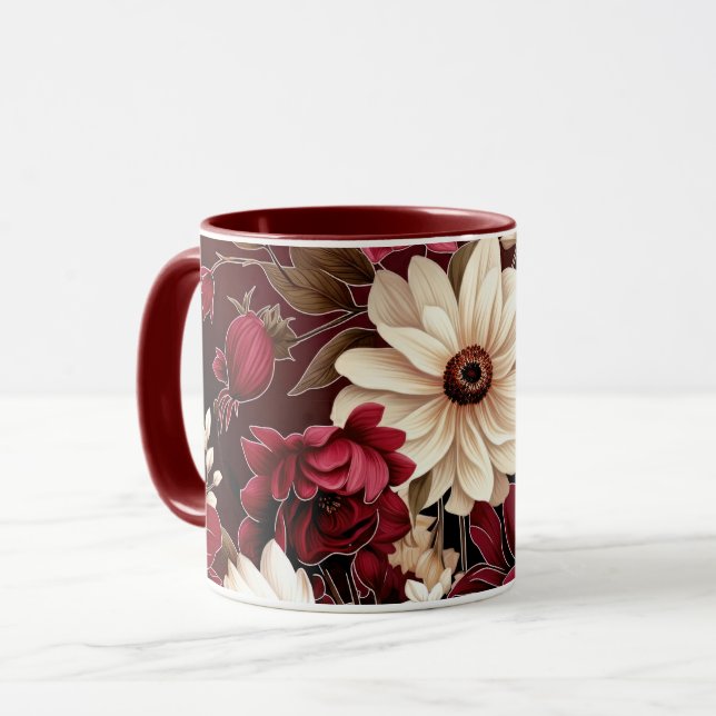 Moody Burgundy and Cream Florals Mug (Front Left)