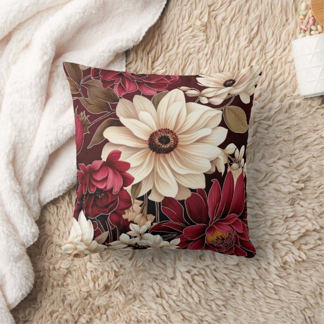 Moody Burgundy and Cream Florals Throw Pillow (Blanket)