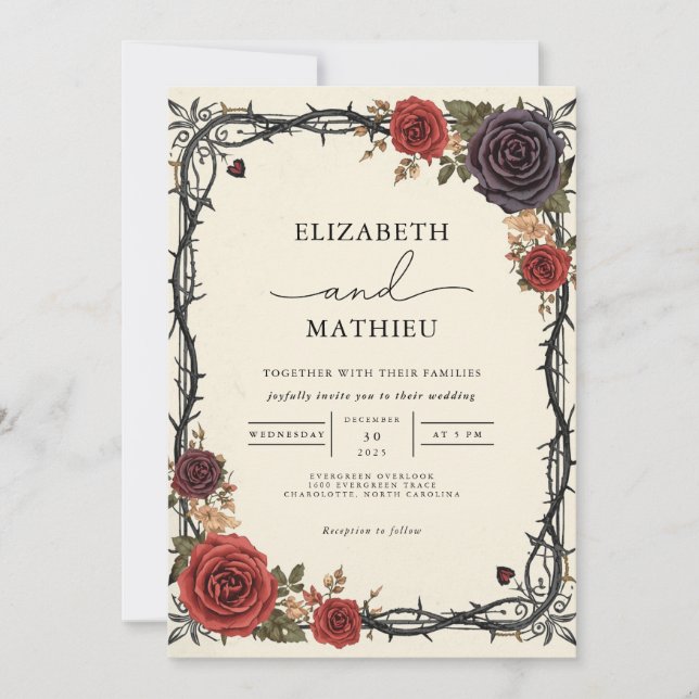 Moody Burgundy & Black Botanical Gothic Wedding Invitation (Front)
