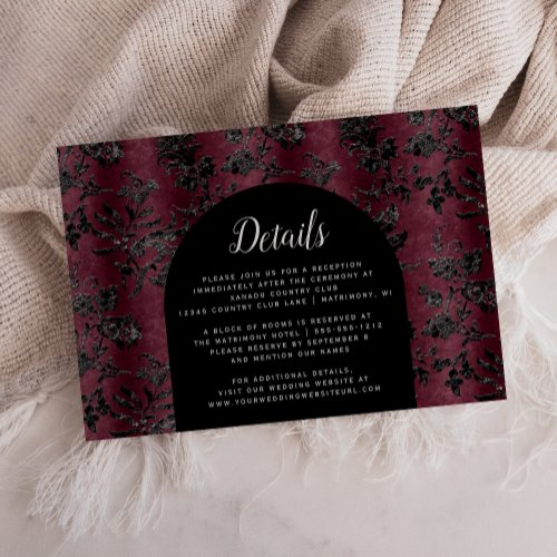 Moody Burgundy Black Damask Arch Wedding Details Enclosure Card