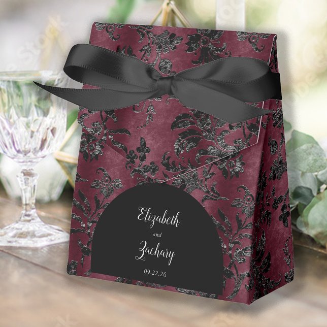 Moody Burgundy Black Damask Arch Wedding Favor Boxes (Creator Uploaded)