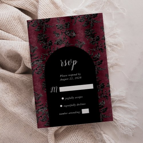 Moody Burgundy Black Damask Arch Wedding RSVP Card