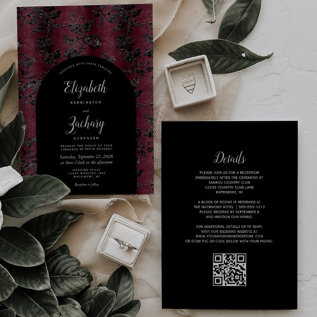 Moody Burgundy Black Damask QR Code Wedding Invitation (Creator Uploaded)