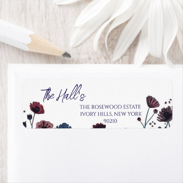 Moody Burgundy & Blue Floral Wedding  Label (Insitu)