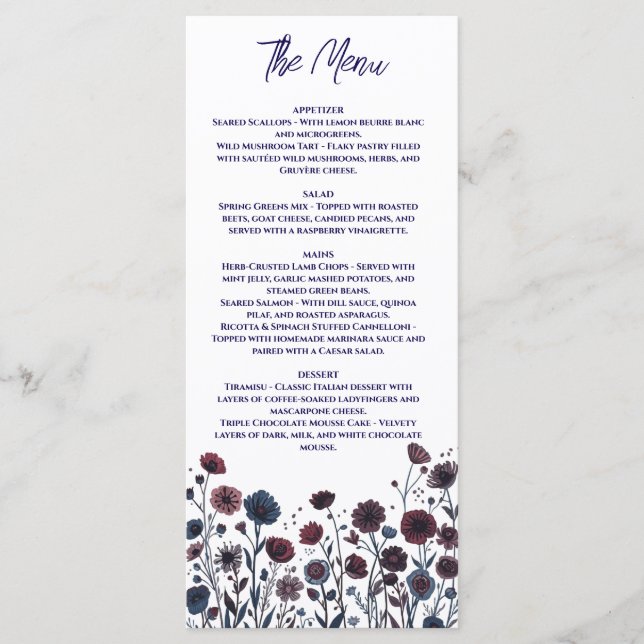 Moody Burgundy & Blue Floral Wedding Menu (Front)