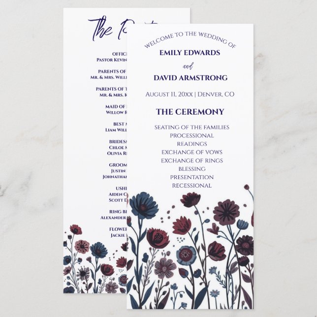 Moody Burgundy & Blue Floral Wedding Program (Front/Back)