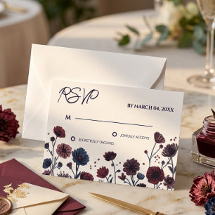 Moody Burgundy & Blue Floral Wedding RSVP Card