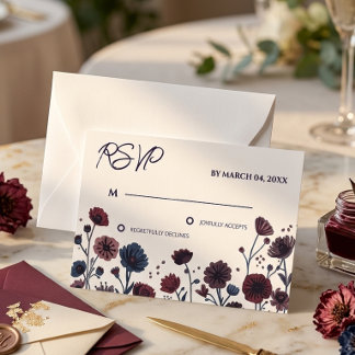 Moody Burgundy & Blue Floral Wedding RSVP Card