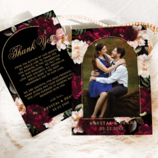 Moody Burgundy Blush Black Floral Wedding Photo Thank You Card