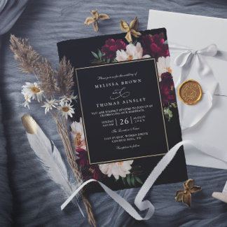 Moody Burgundy Blush Floral Elegant Chic Wedding Invitation