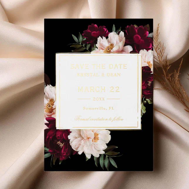 Moody Burgundy Blush Floral Wedding Save the Date Foil Invitation | Zazzle