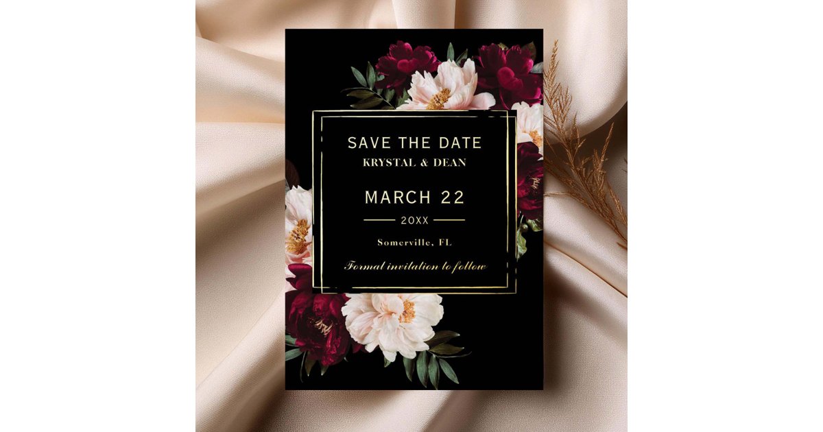 Moody Burgundy Blush Floral Wedding Save the Date Foil Invitation | Zazzle