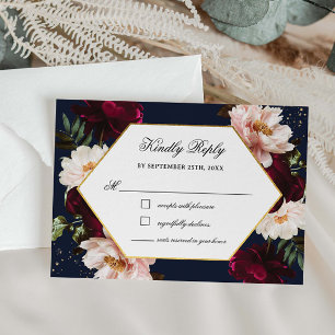 Moody Burgundy Blush Peonies Navy Floral Wedding RSVP Card