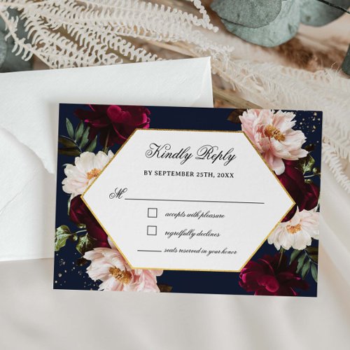Moody Burgundy Blush Peonies Navy Floral Wedding RSVP Card
