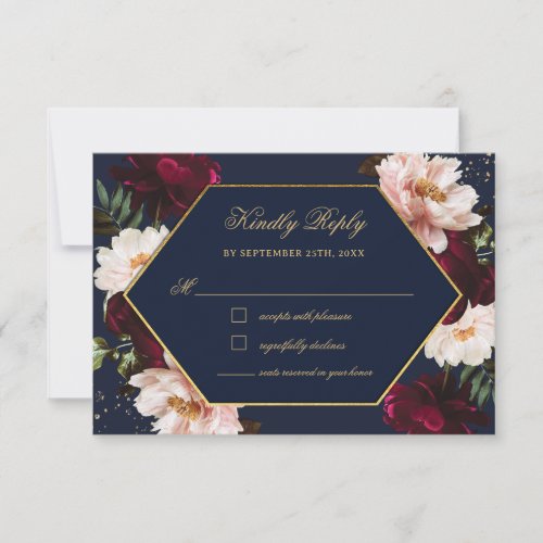 Moody Burgundy Blush Peonies Navy Floral Wedding RSVP Card