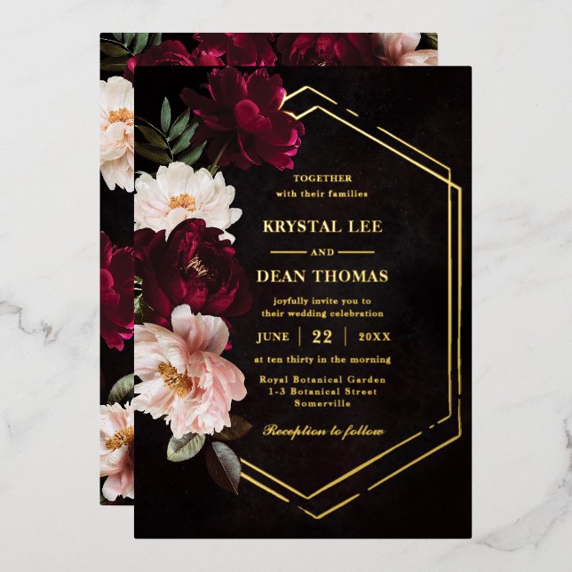 Moody Burgundy Blush Pink Floral Peonies Wedding Foil Invitation (Front/Back)