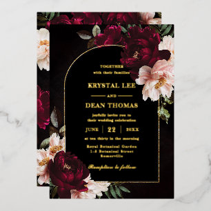 Moody Burgundy Blush Pink Floral Peonies Wedding Foil Invitation