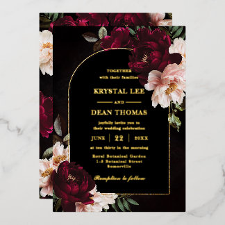 Moody Burgundy Blush Pink Floral Peonies Wedding Foil Invitation