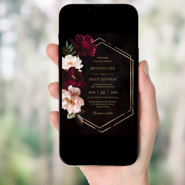 Moody Burgundy Blush Pink Floral Peonies Wedding Invitation (Front Digital)