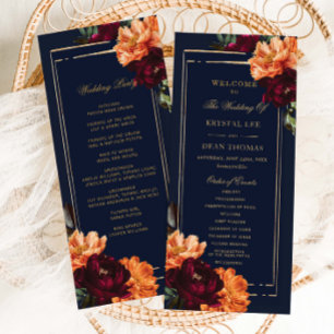 Moody Burgundy Burnt Orange Navy Floral Wedding Program