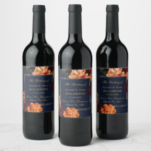 Moody Burgundy Burnt Orange Navy Floral Wedding Wine Label