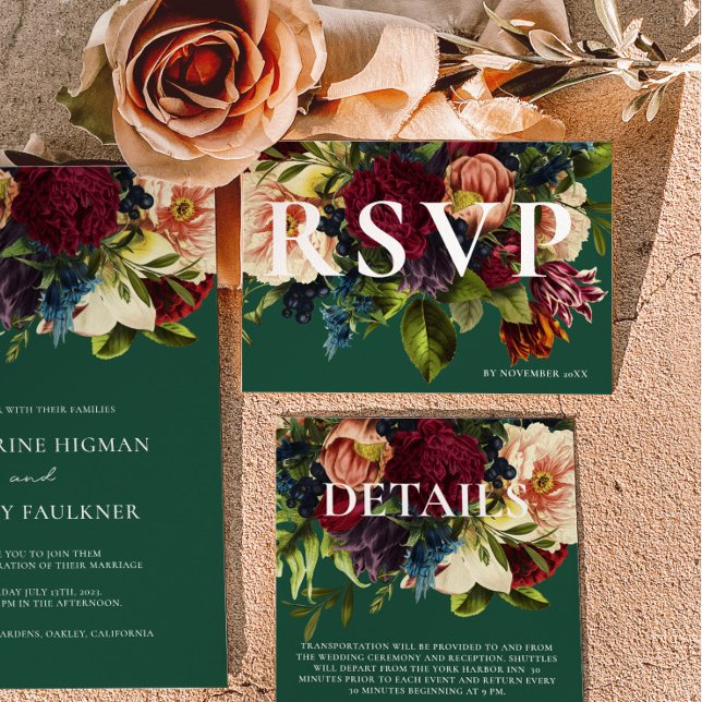 Moody Burgundy Emerald Winter Floral Wedding RSVP Card (Creator Uploaded)