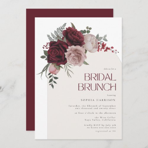 Moody Burgundy Floral Arch Bridal Brunch Invitation