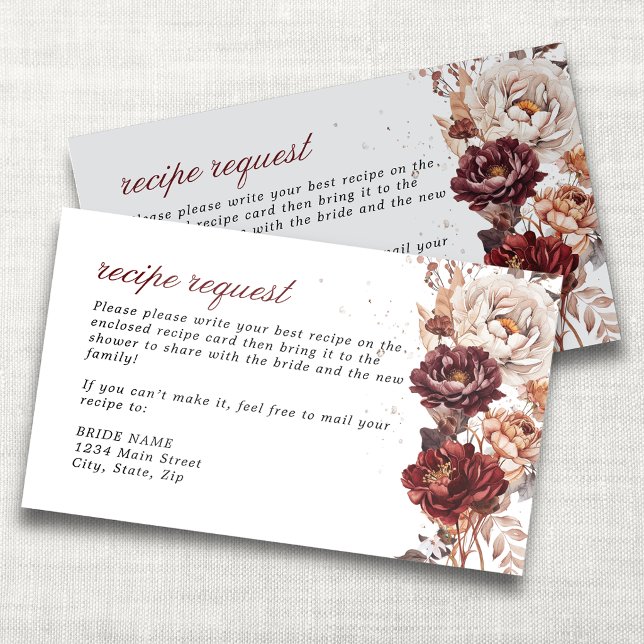 Moody Burgundy Floral Bridal Shower Recipe Request Enclosure Card (Creator Uploaded)