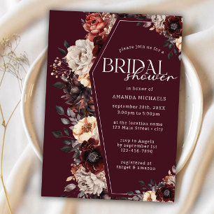 Moody Burgundy Floral Coffin Bridal Shower Invitation