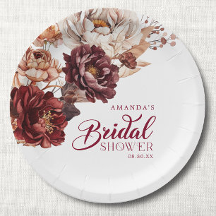 Moody Burgundy Floral Fall Bridal Shower Paper Plates