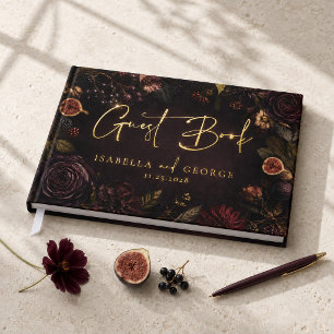 Moody Burgundy Floral Fig Fall Wedding Foil Guest Book