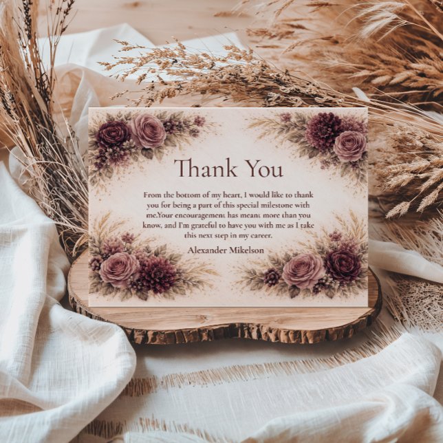 Moody Burgundy Floral Graduation Party Thank You Card (Creator Uploaded)
