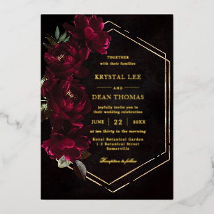 Moody Burgundy Floral Peonies Wedding Foil Invitation