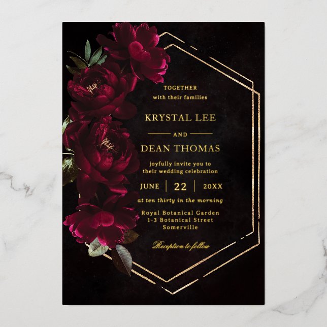 Moody Burgundy Floral Peonies Wedding Foil Invitation (Front)