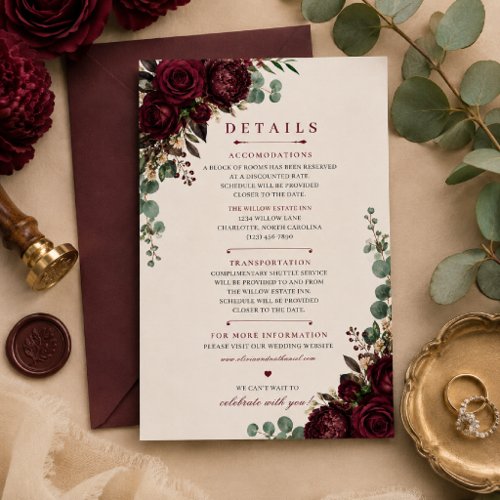 Moody Burgundy Floral Wedding Details Card
