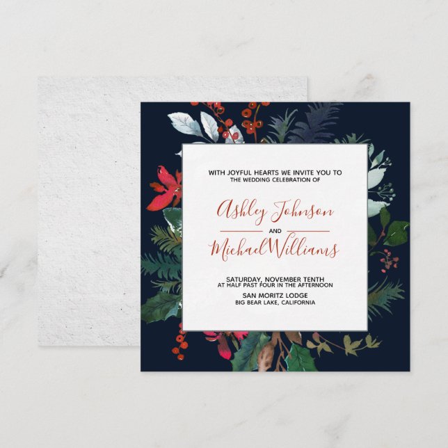 Moody Burgundy & Navy Blue Floral Frame Wedding Invitation (Front/Back)
