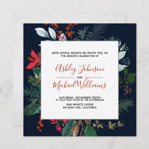 Moody Burgundy & Navy Blue Floral Frame Wedding Invitation