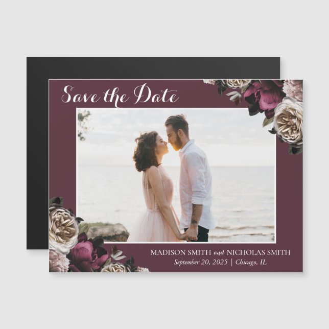 Moody Burgundy & Pink Floral Save The Date Magnets (Front/Back)