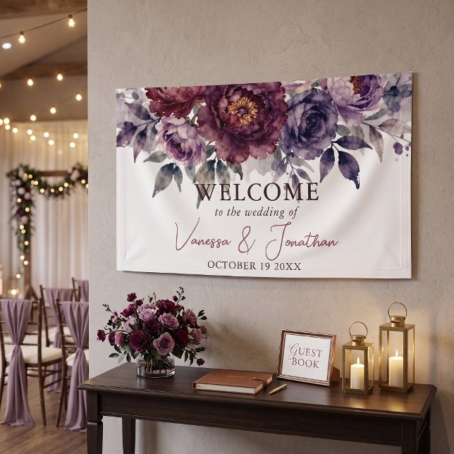 Moody Burgundy Plum Floral Fall Wedding Welcome Banner (Creator Uploaded)