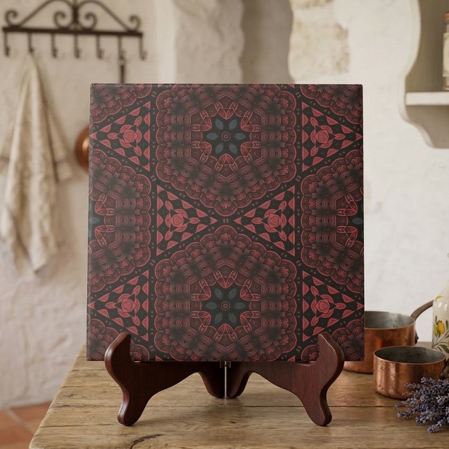 Moody Burgundy Red Black Floral Geometric Mandala Ceramic Tile (Creator Uploaded)