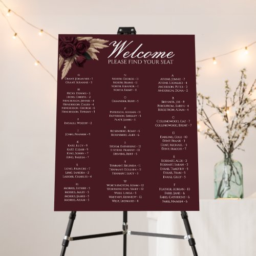 Moody Burgundy Rose Pampas Grass Seating Chart Foam Board